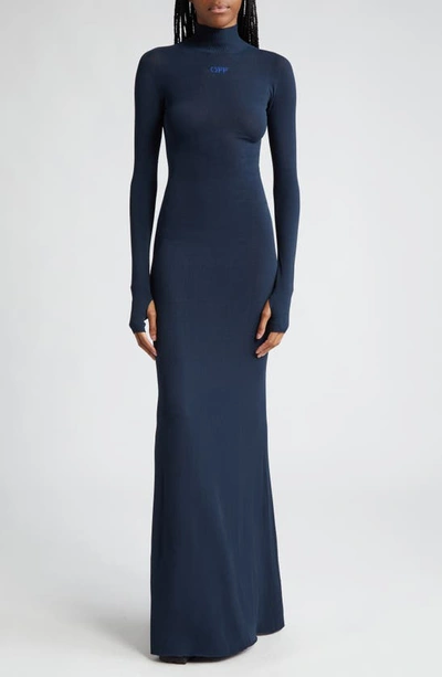 Off-white Embroidered Crepe Turtleneck Maxi Dress In Blue