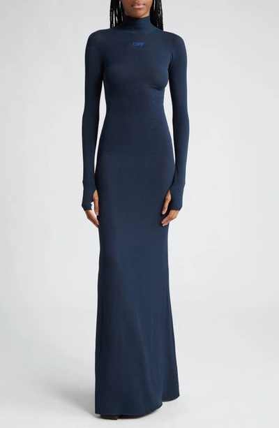 Off-white Slick Turtleneck Long Sleeve Sweater Dress In Navy