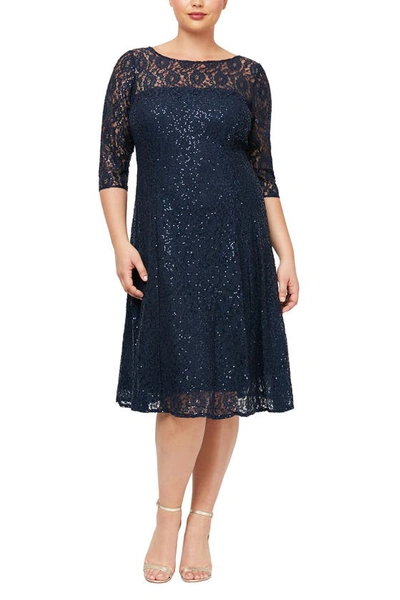 Slny Lace Yoke Glitter Dress In Navy