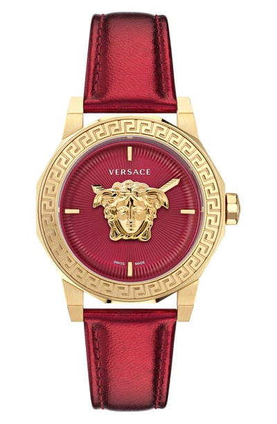 Versace Women's Swiss Medusa Deco Red Leather Strap Watch 38mm In Ip Yellow Gold
