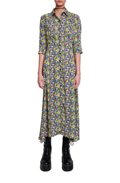 Maje Womens Imprime Rilaura Floral-print Flared-skirt Woven Midi Dress In Blue/green/yellow