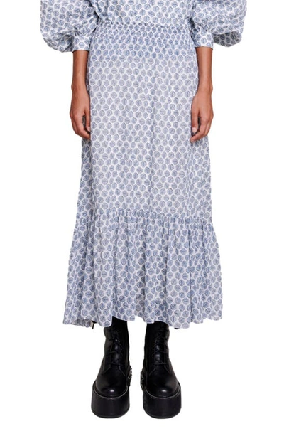 Maje Womens Imprime Jachelona Monogram-print Ruffle-trim Woven Midi Skirt In White/blue