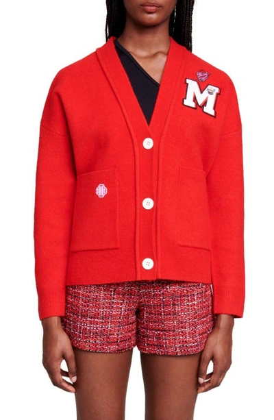 Maje Logo-patch Fine-knit Cardigan In Rouge_coquelicot