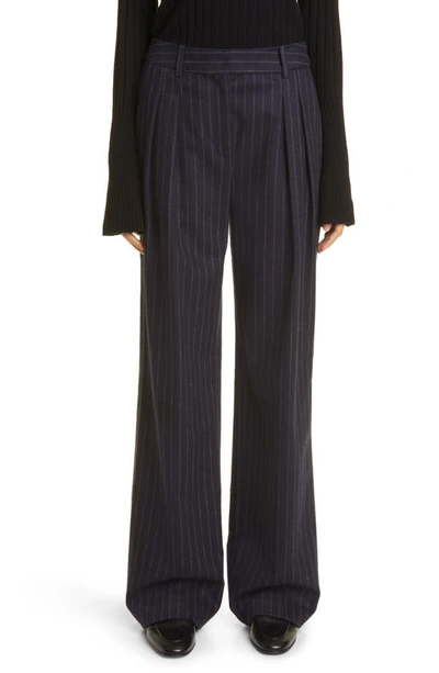 Loulou Studio Amoya Pinstripe Stretch Wool & Cashmere Wide Leg Pants In Navy Stripes