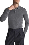 Reiss Trafford Merino Wool Regular Fit Long Sleeve Polo Shirt In Mid Grey Melange