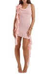 House Of Cb Charla Asymmetric Ruffle Detail Mesh Minidress In Apricot