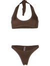 Reina Olga Pilou Scrunch Bikini Set In Brown