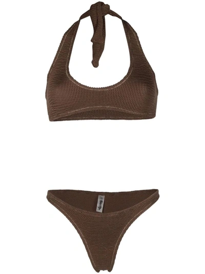 Reina Olga Pilou Scrunch Bikini Set In Brown