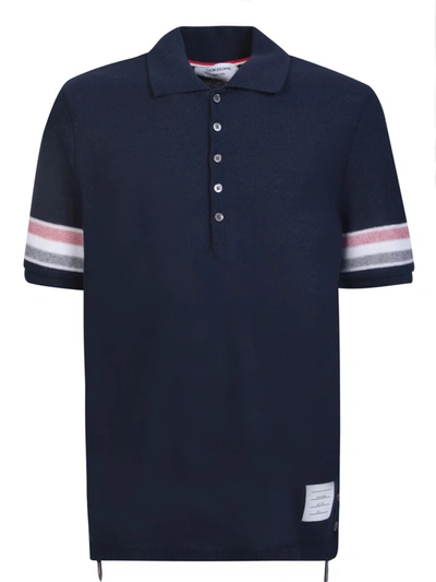 Thom Browne Textured Blue Knit Polo Shirt With Contrast Stripes