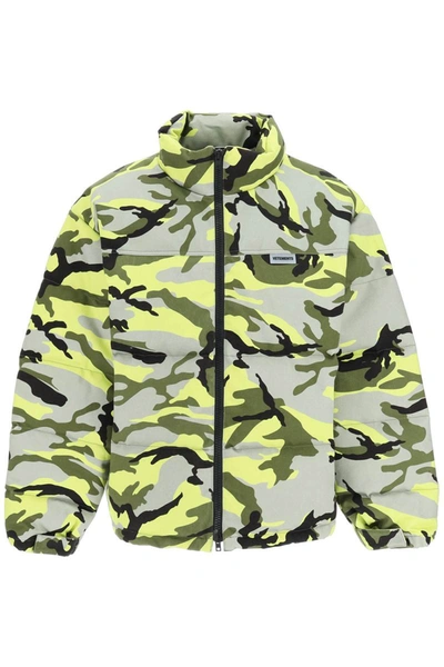 Vetements Neon Camouflage Print Tech Down Jacket In Grey,yellow,green