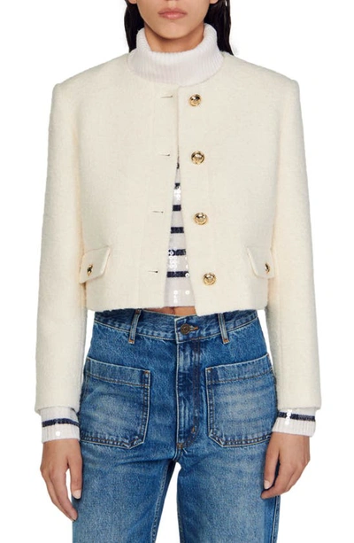 Sandro Walle Boucle Cropped Jacket In White