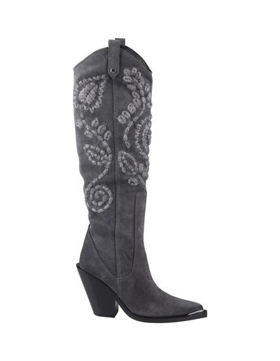 Ermanno Scervino Grey Suede Texan Boots With Embroidery In Grigio
