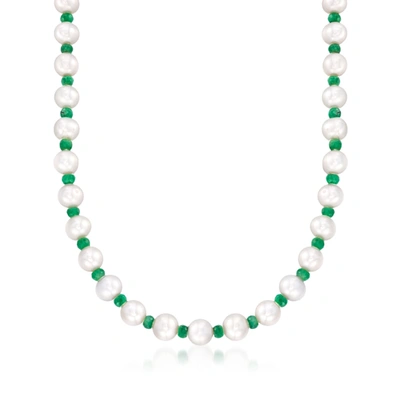 Ross-simons Emerald And 8-8.5mm Cultured Pearl Necklace With 14kt Yellow Gold In Green