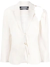 Jacquemus Linen Blazer Jacket With Off-shoulder Puff Sleeve In White