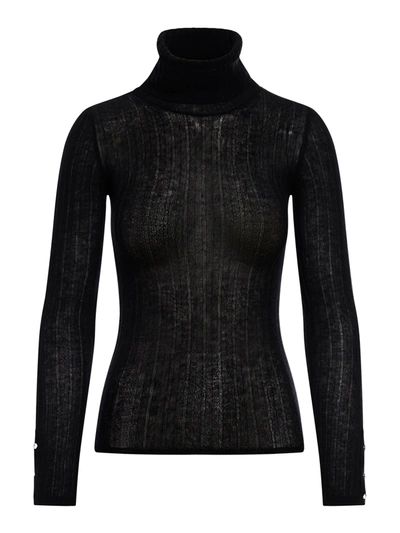 Durazzi Milano Cashmire High Neck Top Ribbed Turtle Neck Knitted Top With Branded Cuff Bottons In Cashmere In Black