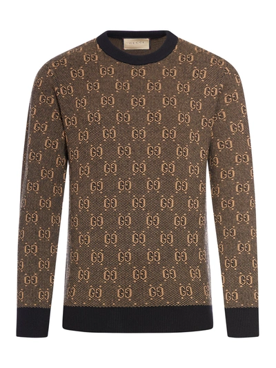 Gucci Gg Jacquard Wool Sweater In Brown