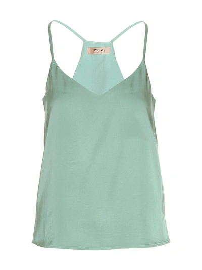 Twinset Logo-plaque Satin Top In Green