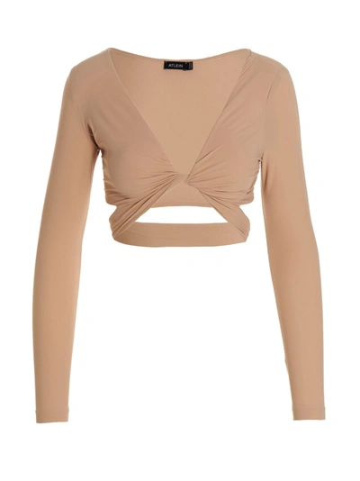 Atlein Beige Plunging Long Sleeve T-shirt In C0465 Soft Fawn