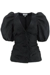 Ganni Puff-sleeve Jacquard Blouse In Black