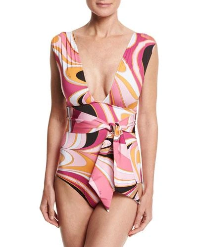 Emilio Pucci Libellula Plunging-neck One-piece Swimsuit In Pink Pattern