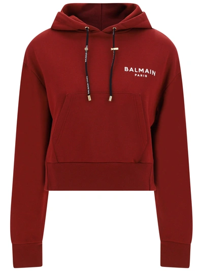 Balmain 植绒logo短款连帽衫 In Rouge Fonce/naturel