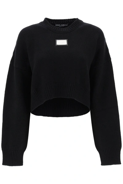 Dolce & Gabbana Logo Plaque Cropped Sweater In Black