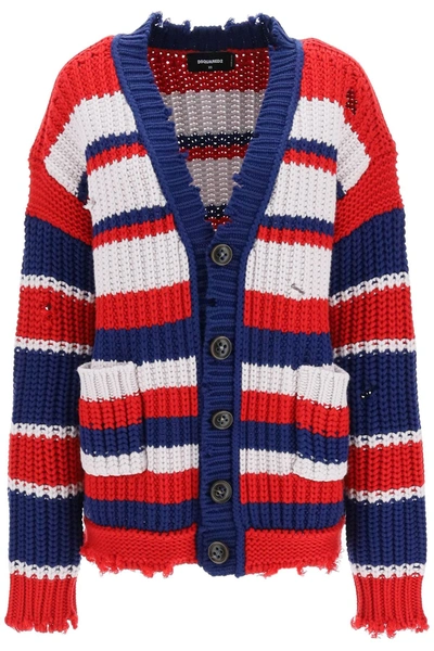 Dsquared2 Striped Wool Cardigan In Navy Oriental Red Natural (white)
