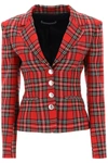 Alessandra Rich Wool Single-breasted Jacket With Tartan Motif In Black, Red