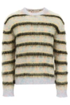Marni Crew Neck Sweater In Striped Mohair In Black, Yellow, Light Blue