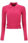 Dolce & Gabbana Long-sleeved Polo Shirt In Ribbed Knit In Fuchsia