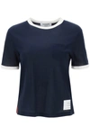 Thom Browne Cotton T-shirt With Ribbed Crew-neck And Contrasting Trimmings In Blue, White