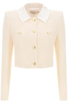 Alessandra Rich Cropped Jacket In Bouclé Tweed In Beige