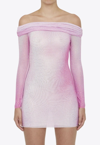 Self-portrait Off-the-shoulder Crystal-embellished Ombre Stretch-mesh Mini Dress In Pink