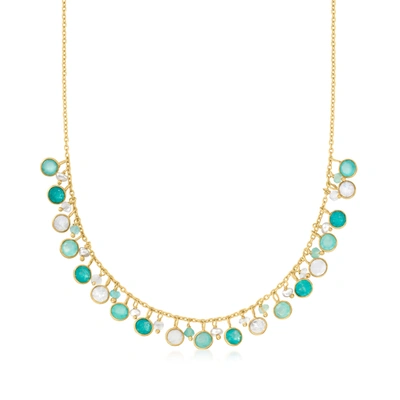 Ross-simons 3-4mm Cultured Pearl And Multi-gemstone Necklace With Blue Chalcedony And Moonstone In 18kt Gold Ove