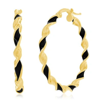 Simona Sterling Silver, Black Enamel 30mm Twisted Hoop Earrings - Gold Plated