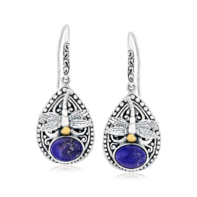 Ross-simons Lapis Bali-style Dragonfly Drop Earrings In Sterling Silver With 18kt Yellow Gold In Blue