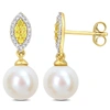 Mimi & Max 8mm Cultured Freshwater Pearl 1/7ct Tdw Diamond & Yellow Sapphire Marquise Earrings 14k Yellow Gold In Multi