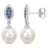 Mimi & Max 8mm Cultured Freshwater Pearl 1/7ct Tdw Diamond 1/6ct Tgw Sapphire Marquise Earrings 14k White Gold In Multi