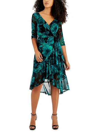 Connected Apparel Petites Womens Floral Elbow Sleeve Wrap Dress In Gold