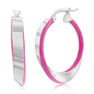 Simona Sterling Silver, Rose Violet Enamel Twist Hoop Earrings In Pink