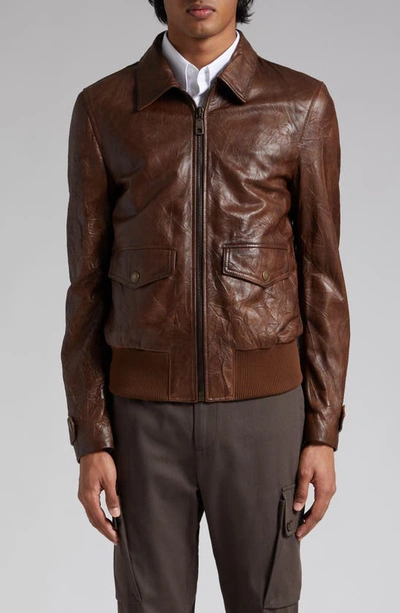 Dolce & Gabbana Logo-plaque Crinkled Leather Jacket In Medium Bro