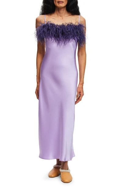Sleeper Boheme Feather-trimmed Lenzing Ecovero-satin Maxi Dress In Lilac