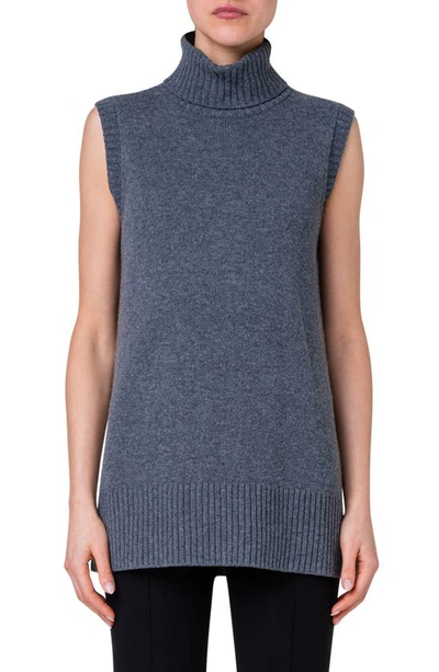Akris Punto Long Wool Cashmere Turtleneck Top In Slate