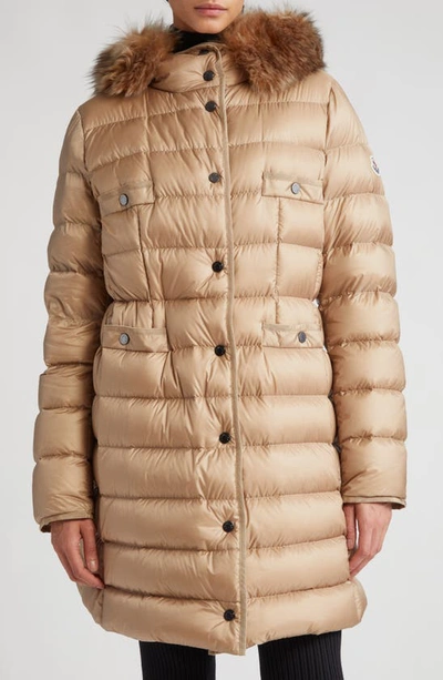 Moncler Hirmafur Long Puffer Coat With Shearling Ruff In Beige