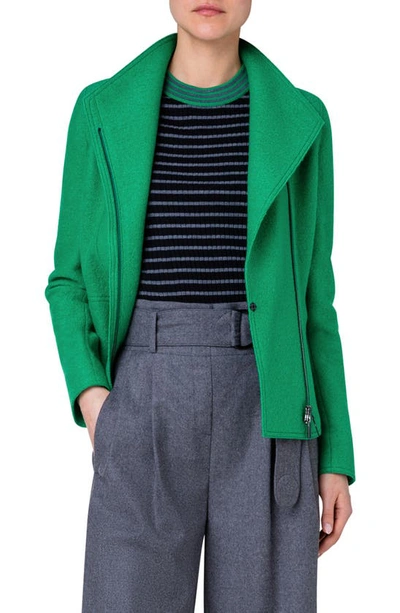 Akris Punto Felted Wool Asymmetric Zip Biker Jacket In Green