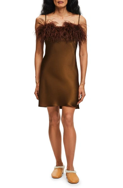 Sleeper Feather-trim Boheme Mini Dress In Whiskey Brown