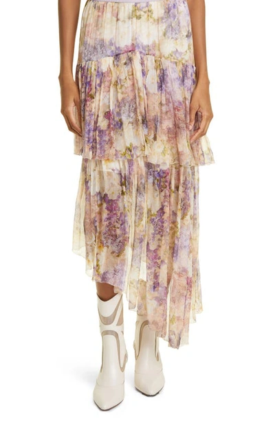 Zimmermann Floral Asymmetric Ruffle Silk Georgette Skirt In Purple