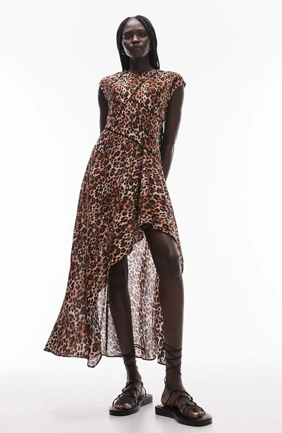 Topshop Ladder Trim Cut About Midi Dress In Animal Print-multi