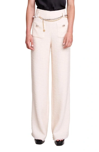Maje Pileno High Waist Wide Leg Tweed Trousers In Beige