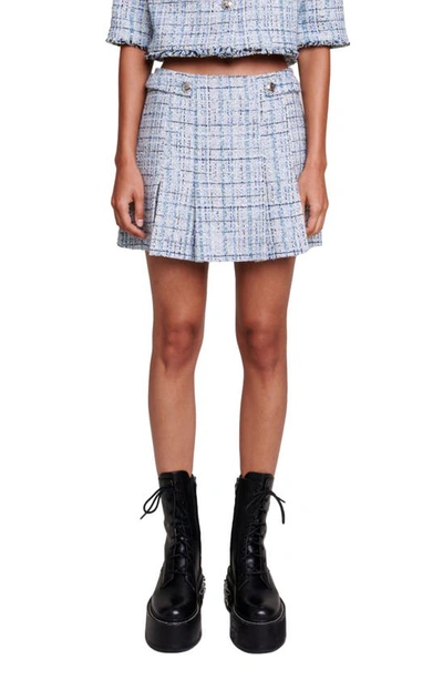 Maje Womens Bleus Jolinete Branded-button Pleated Tweed Mini Skirt